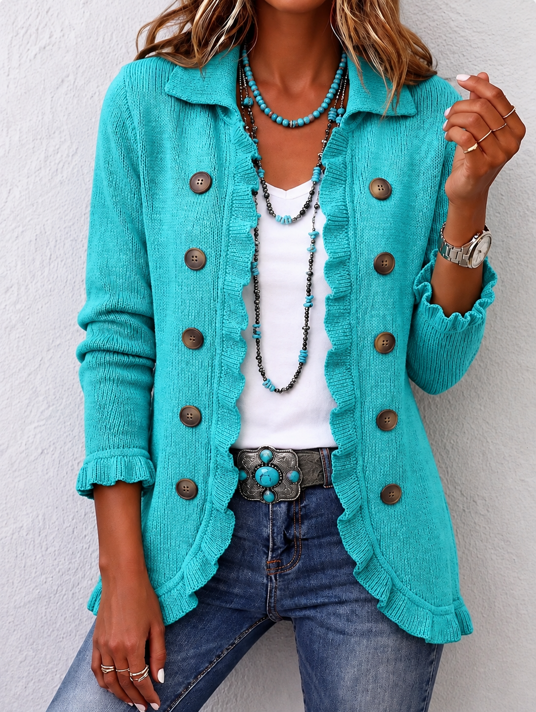 Silvana | Chaqueta de Punto Acanalado Turquesa con Volantes