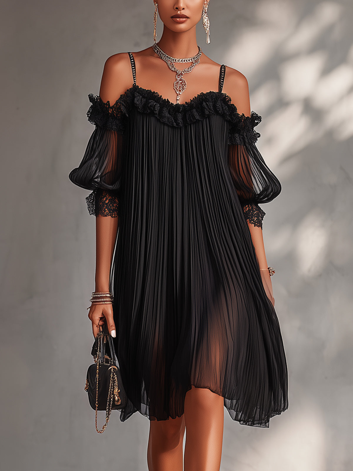 Lidia | Mini Vestido Negro de Gasa con Hombros Descubiertos y Acabado de Encaje