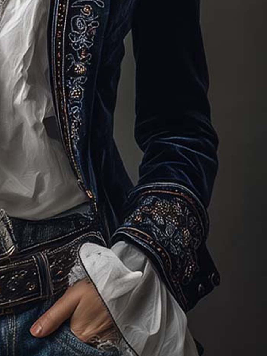 Camila | Chaqueta Larga Bordada Vintage Azul Marino