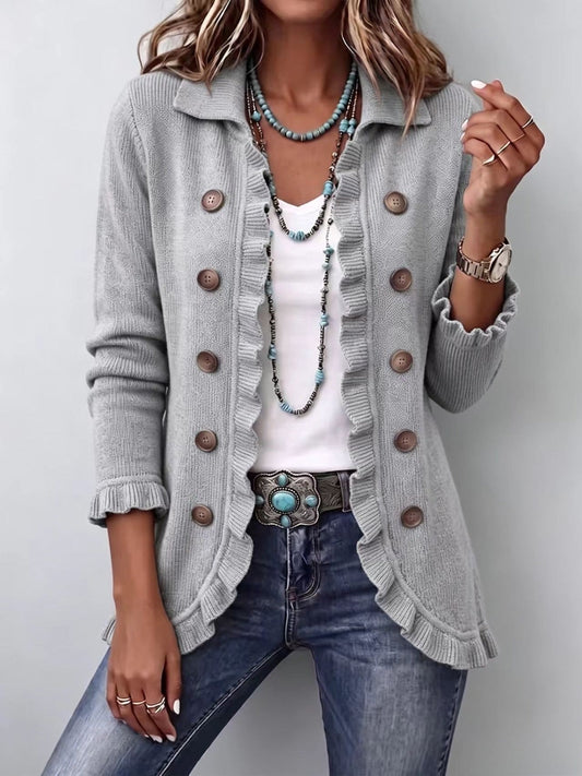 Teodora | Chaqueta de Punto Acanalado Gris Jaspeado con Volantes