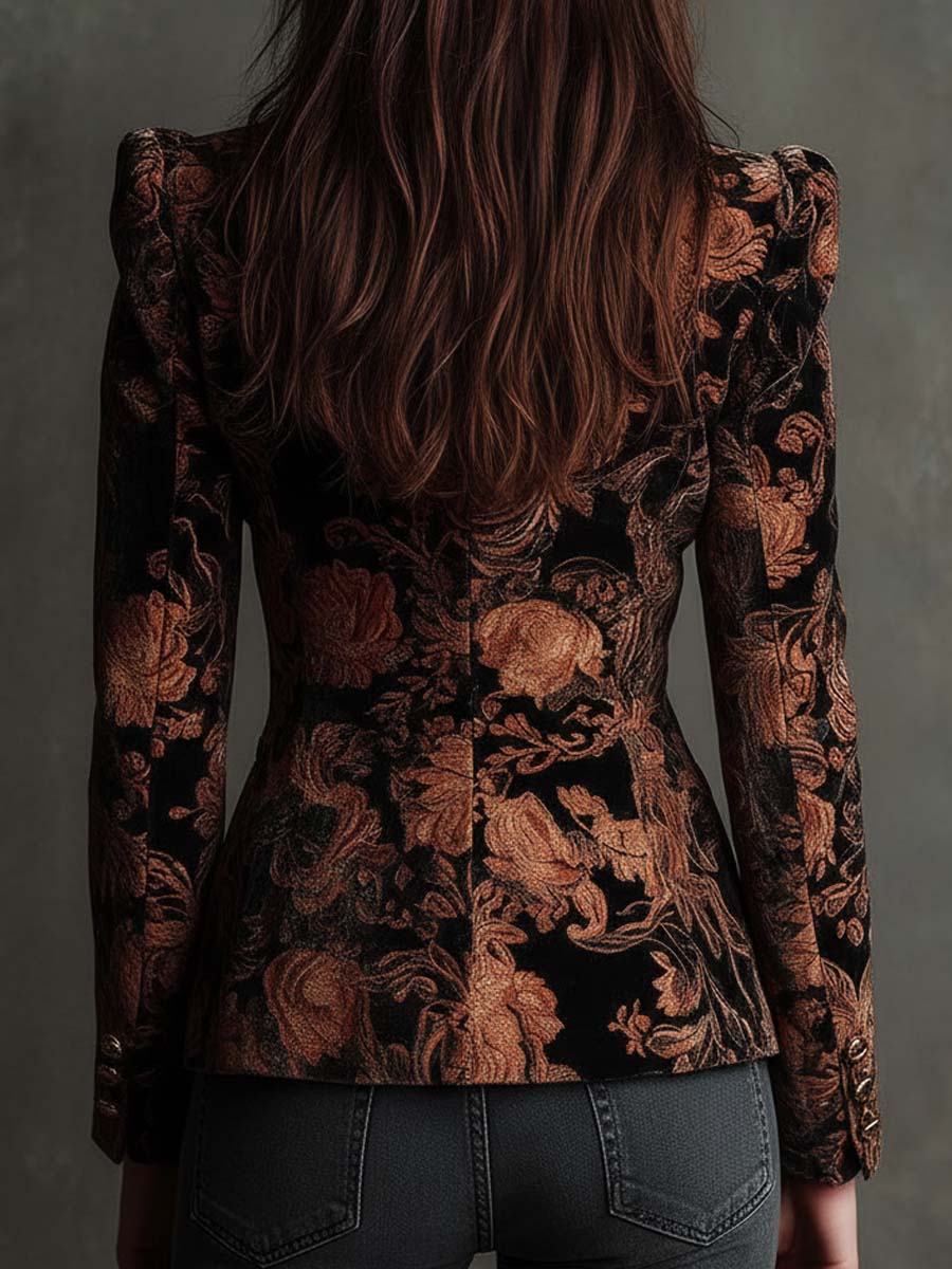 Berta | Blazer Sastre Estampado Floral Negro y Bronce
