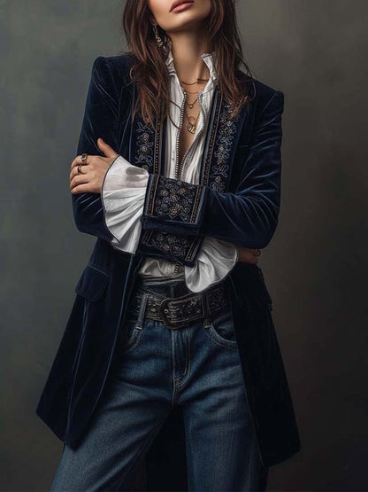 Camila | Chaqueta Larga Bordada Vintage Azul Marino
