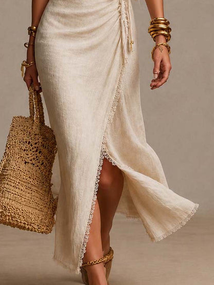 Clemencia | Vestido de Lino Natural con Escote Cruzado y Encaje