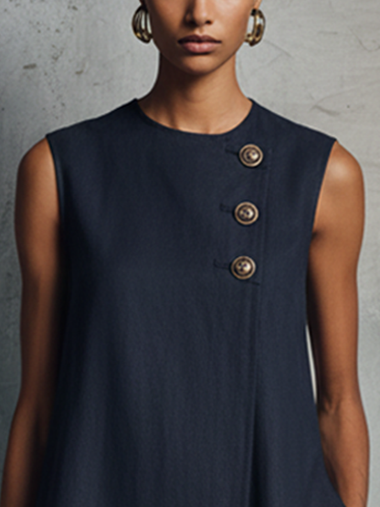 Lucila | Vestido Corto de Mujer Estilo Minimalista Profesional Azul Marino con Cuello Redondo, Botones Asimétricos, Bolsillo Lateral, Sin Mangas