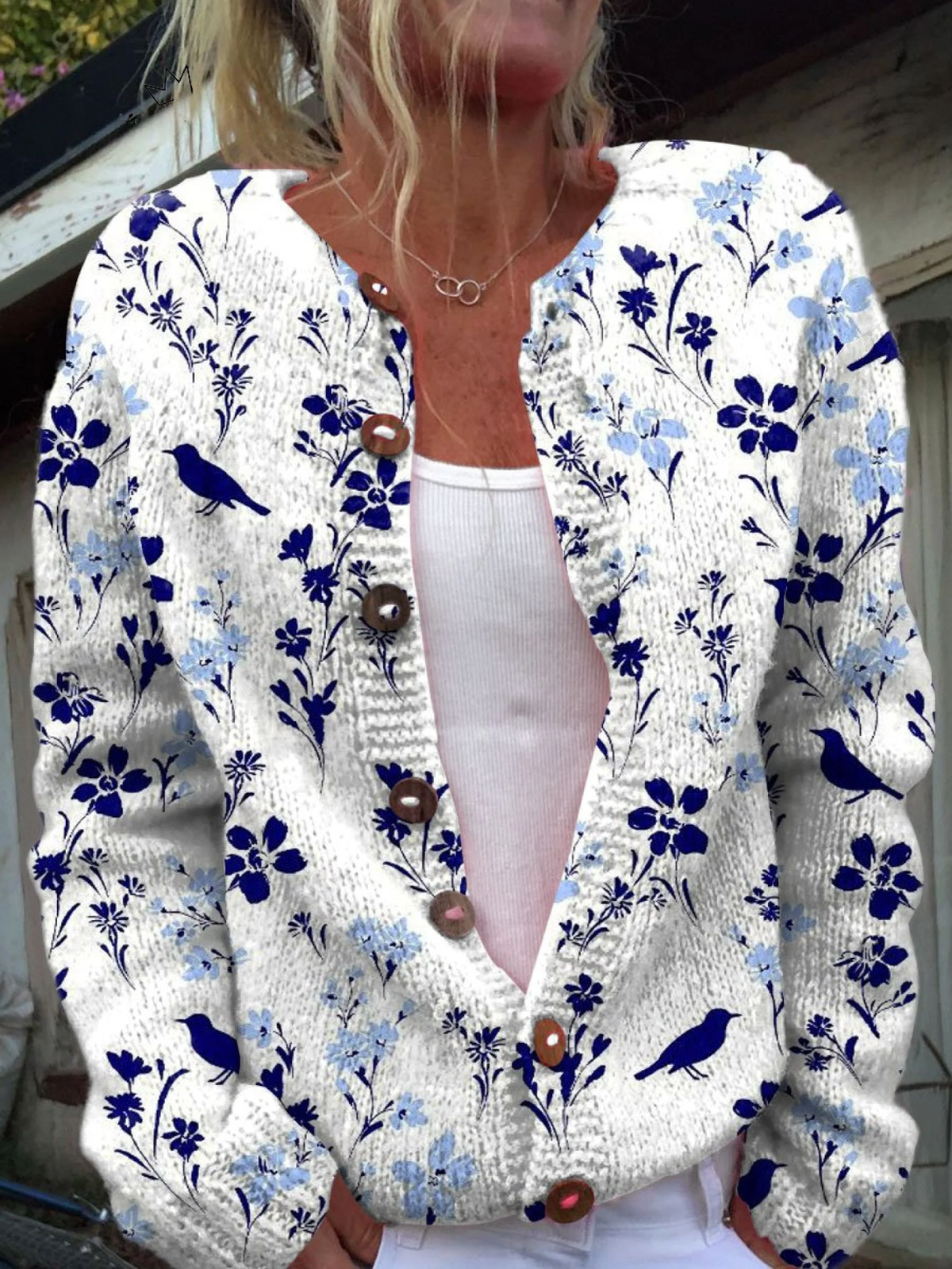 Rosario | Cárdigan Vintage con Botones y Estampado Floral de Pájaros