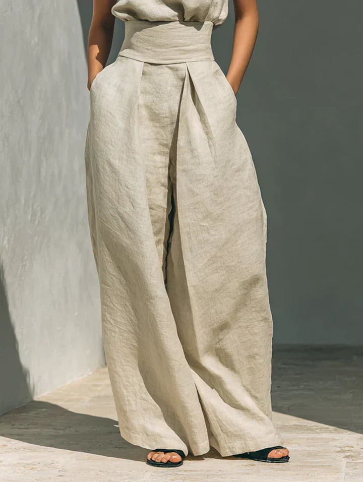 Flor™ | Completo minimalista di canotta e pantaloni a gamba larga in cotone e lino per donna