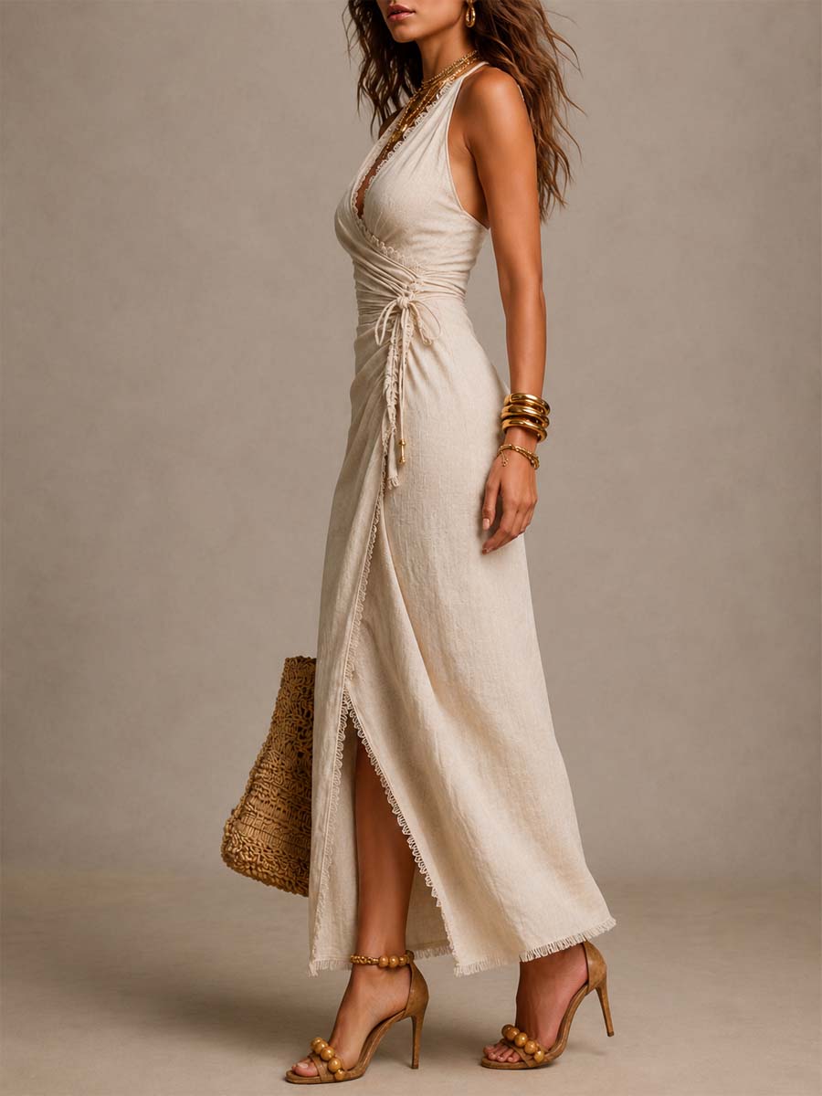 Clemencia | Vestido de Lino Natural con Escote Cruzado y Encaje