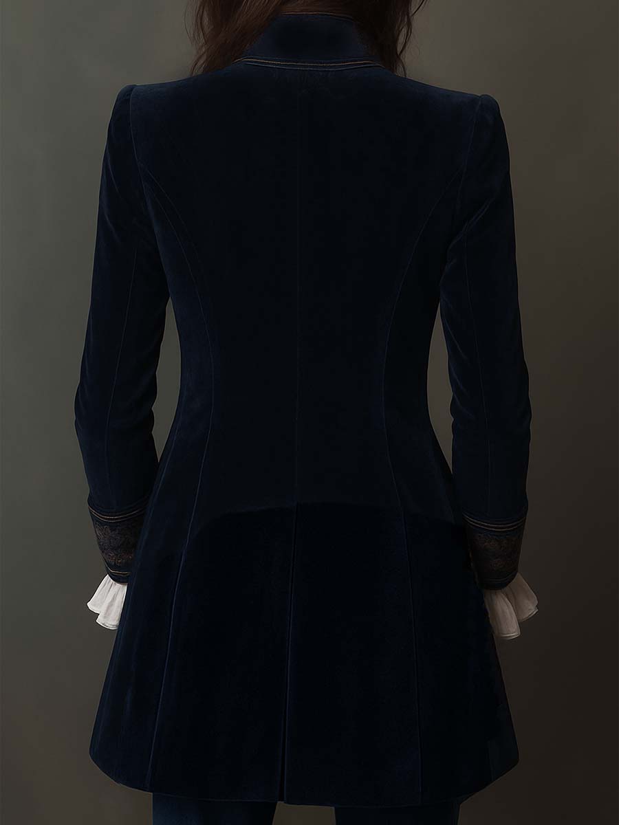 Camila | Chaqueta Larga Bordada Vintage Azul Marino
