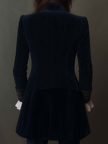 Camila | Chaqueta Larga Bordada Vintage Azul Marino