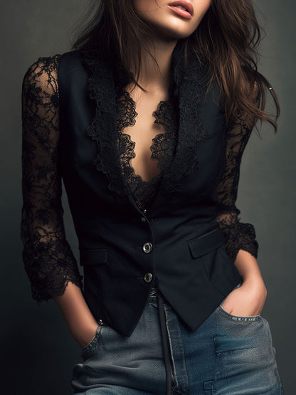 Noelia | Top Blazer Negro con Mangas Semitransparentes