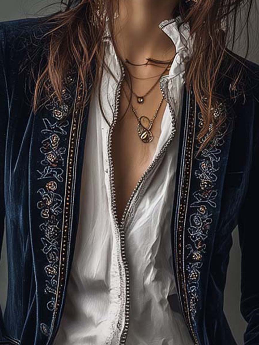 Camila | Chaqueta Larga Bordada Vintage Azul Marino