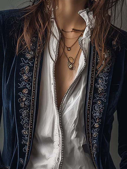 Camila | Chaqueta Larga Bordada Vintage Azul Marino