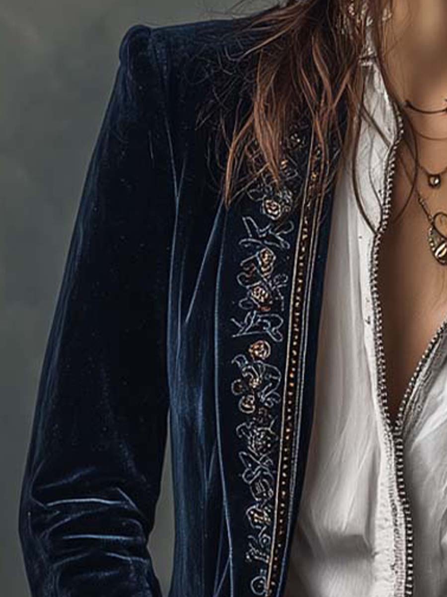 Camila | Chaqueta Larga Bordada Vintage Azul Marino