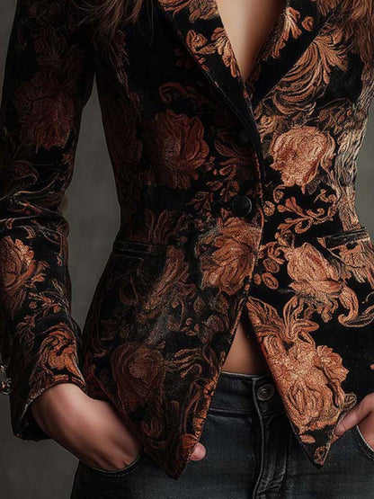 Berta | Blazer Sastre Estampado Floral Negro y Bronce