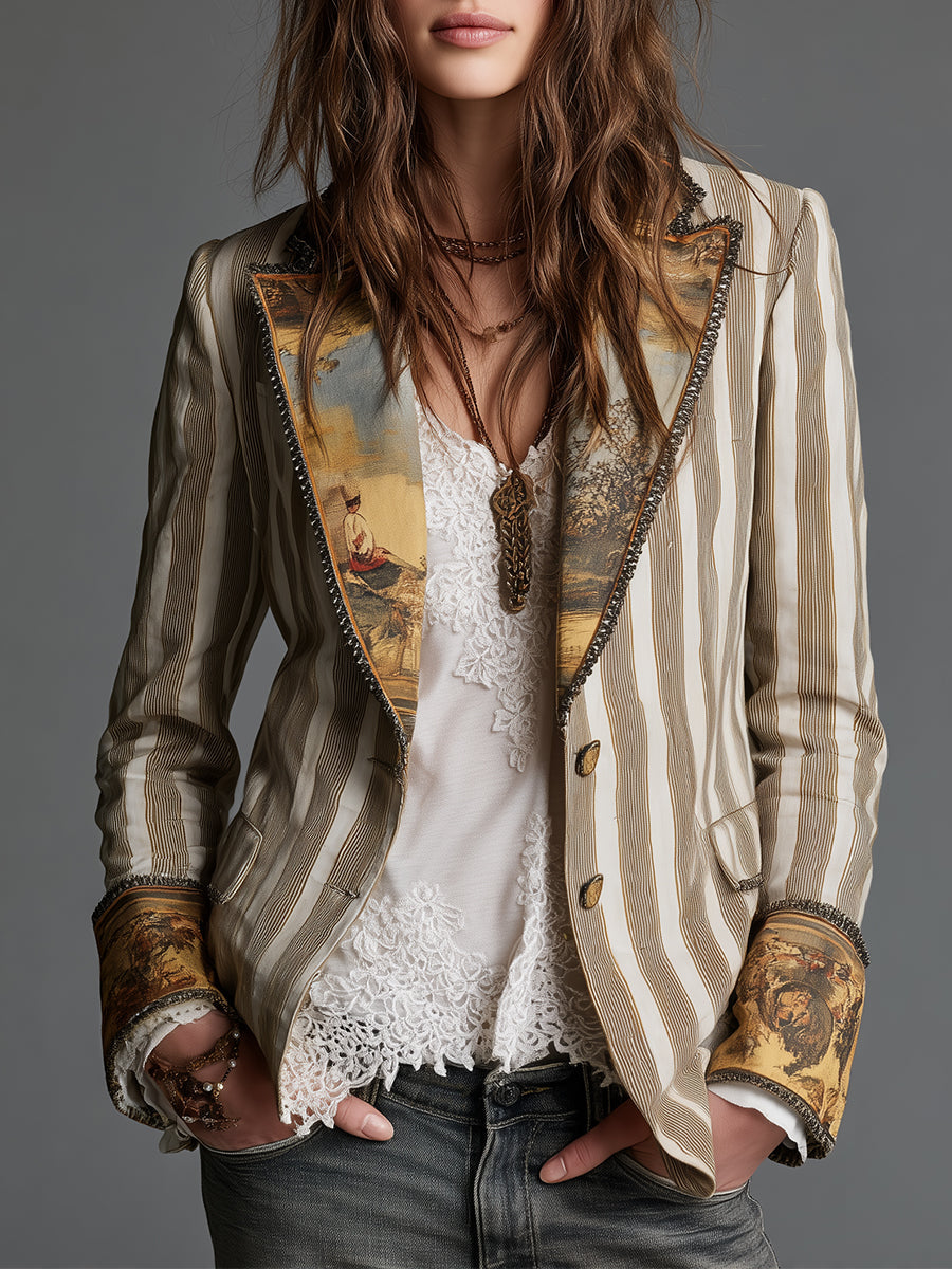 Susana | Blazer Bohemio a Rayas con Cuello Estampado