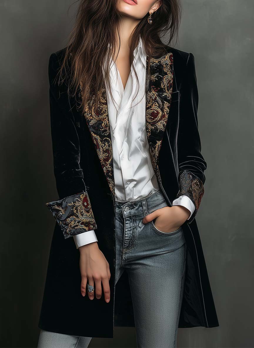 Clementina | Blazer Ajustado con Estampado Barroco Negro
