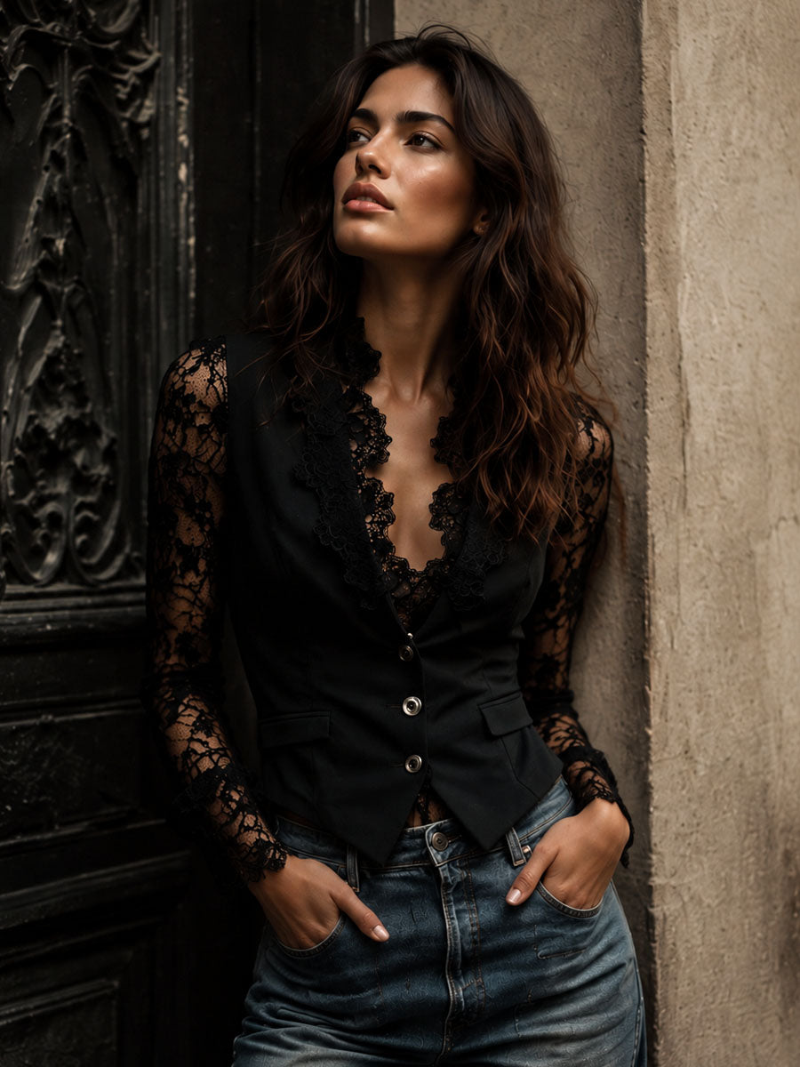 Noelia | Top Blazer Negro con Mangas Semitransparentes