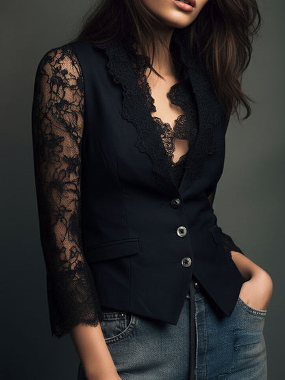Noelia | Top Blazer Negro con Mangas Semitransparentes