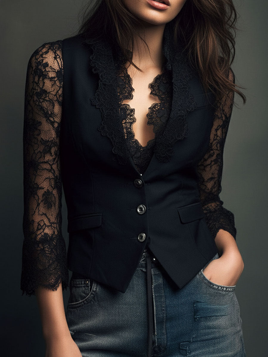 Noelia | Top Blazer Negro con Mangas Semitransparentes