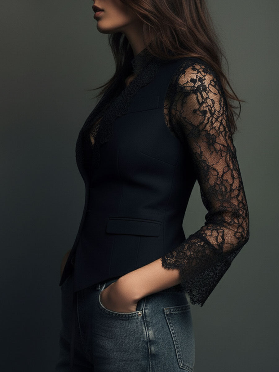 Noelia | Top Blazer Negro con Mangas Semitransparentes