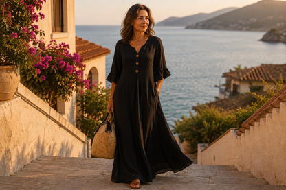 Valeria | Vestido midi de algodón con cuello de pico y volantes