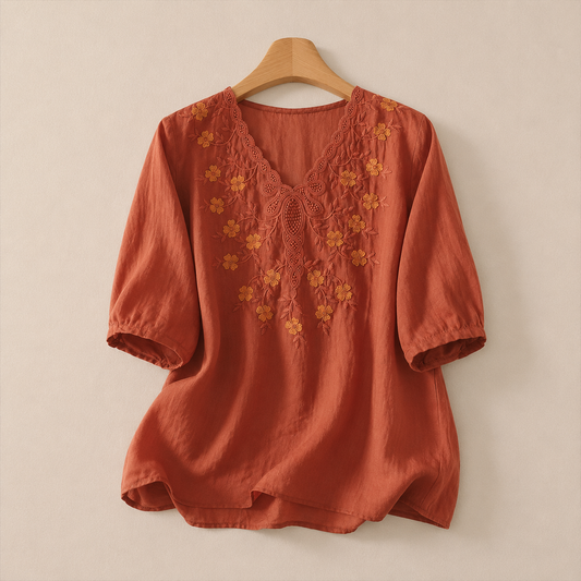Blusa de Algodón y Lino Bordada Clara