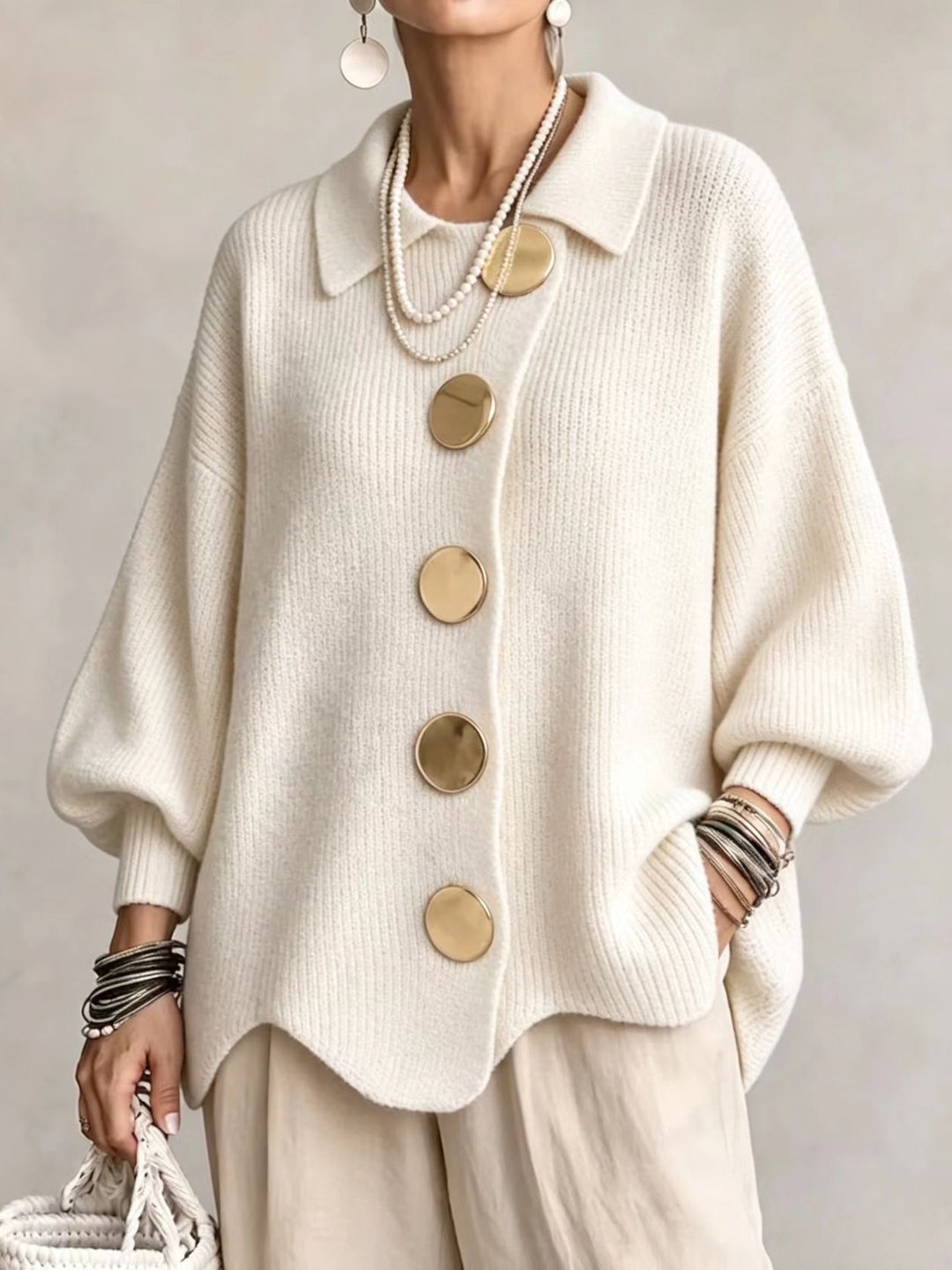 Stefania | Cárdigan Oversize con Cuello y Botones Metálicos