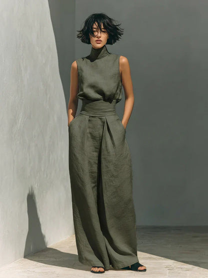 Flor™ | Completo minimalista di canotta e pantaloni a gamba larga in cotone e lino per donna