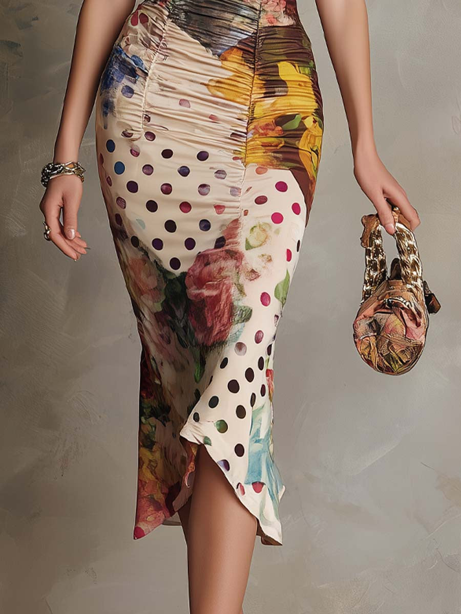 Carla | Vestido Midi Bodycon Fruncido con Estampado Combinado y Ribete de Encaje