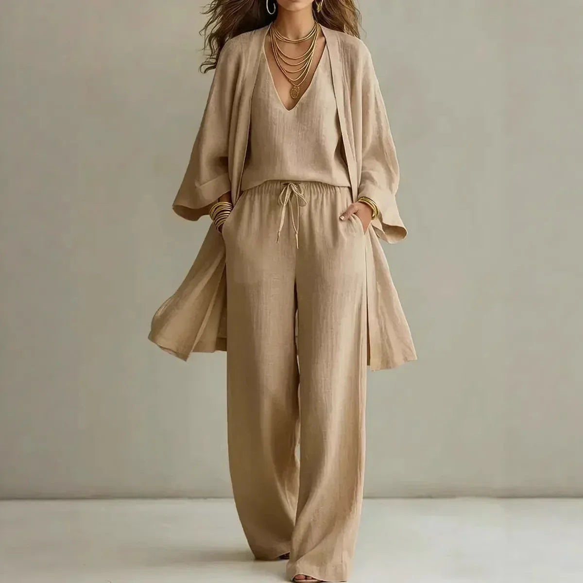 Conjunto de Tres Piezas con Pantalón Ancho y Sobrecamisa