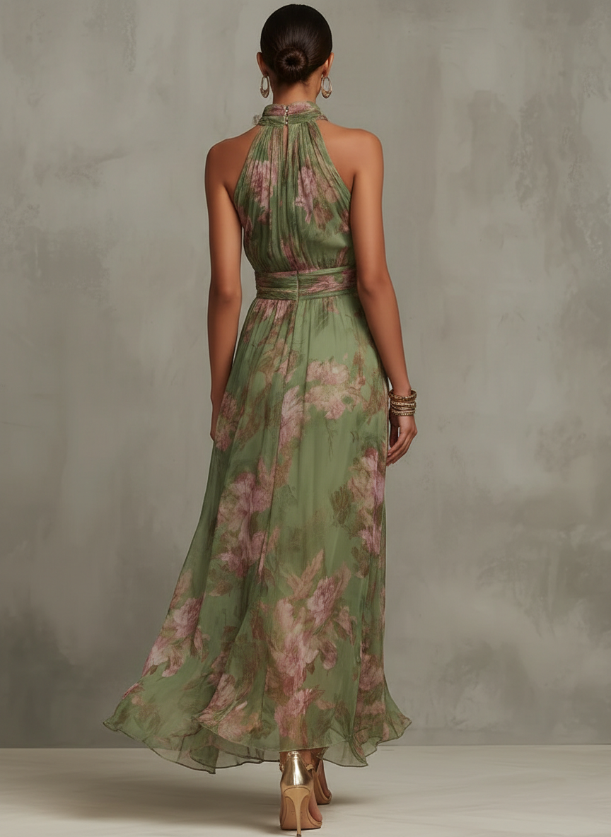 Renata | Vestido Largo Floral con Cuello Halter