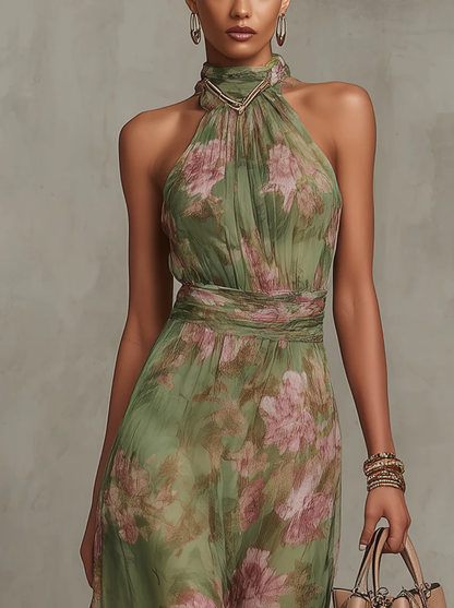 Renata | Vestido Largo Floral con Cuello Halter