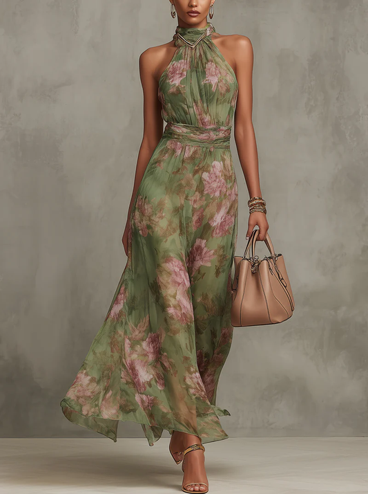 Renata | Vestido Largo Floral con Cuello Halter