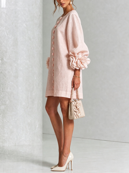 Carmen | Vestido Mini Floral Rosa con Botones y Mangas Florales Sorprendentes