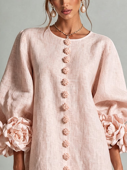 Carmen | Vestido Mini Floral Rosa con Botones y Mangas Florales Sorprendentes