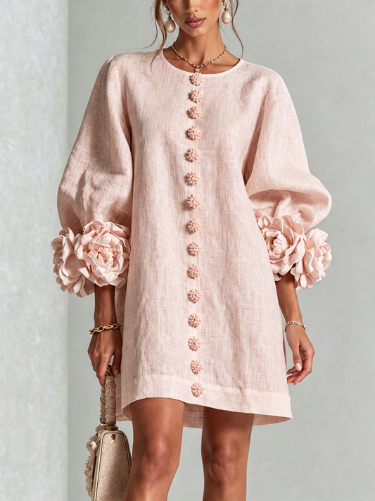 Carmen | Vestido Mini Floral Rosa con Botones y Mangas Florales Sorprendentes