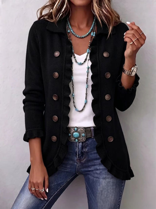 Zaira | Chaqueta de Punto Acanalado Negro Intenso con Volantes
