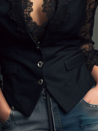 Noelia | Top Blazer Negro con Mangas Semitransparentes