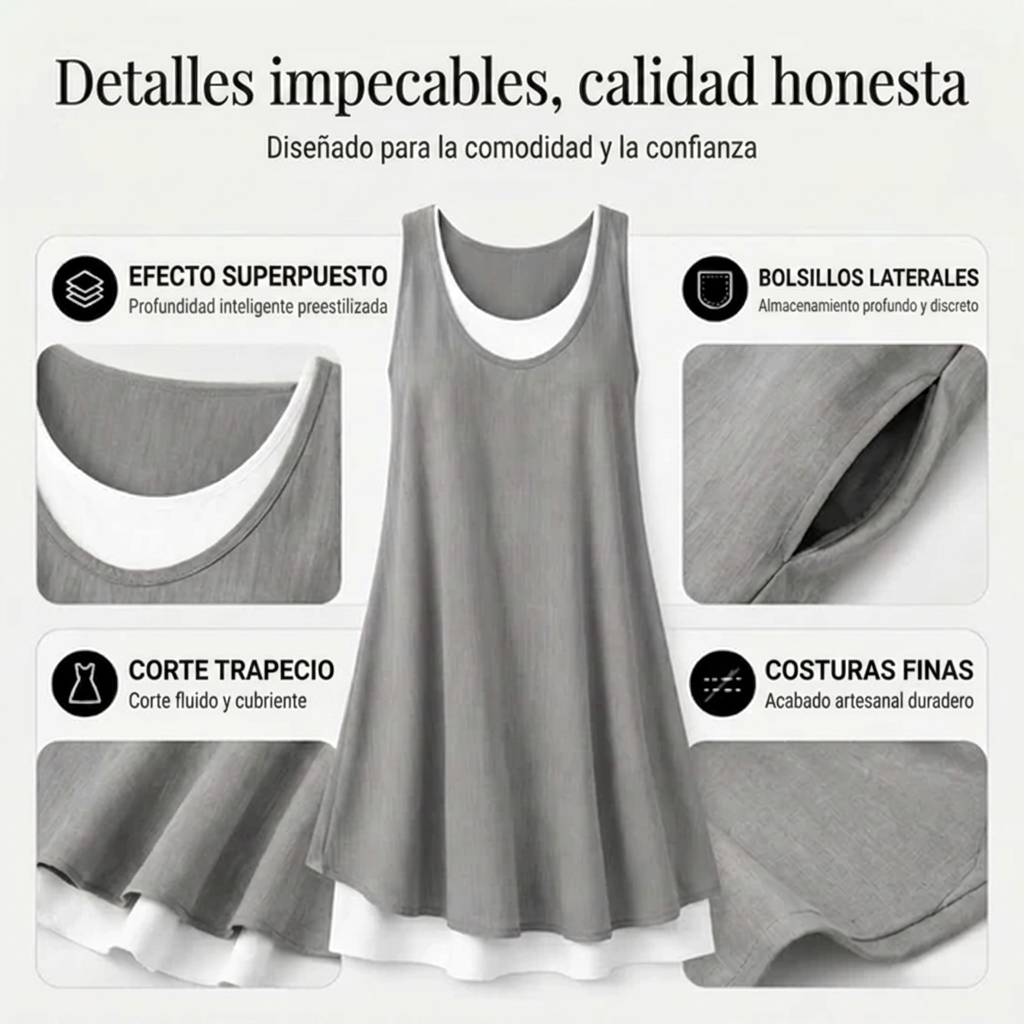 Carla | Vestido sin mangas de dos piezas, holgado y de estilo informal, para mujer