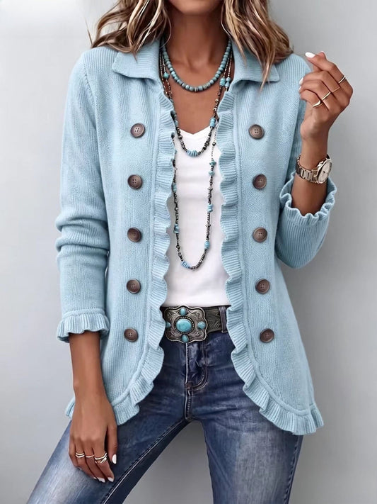 Pia | Chaqueta de Punto Acanalado Azul Polvo con Volantes