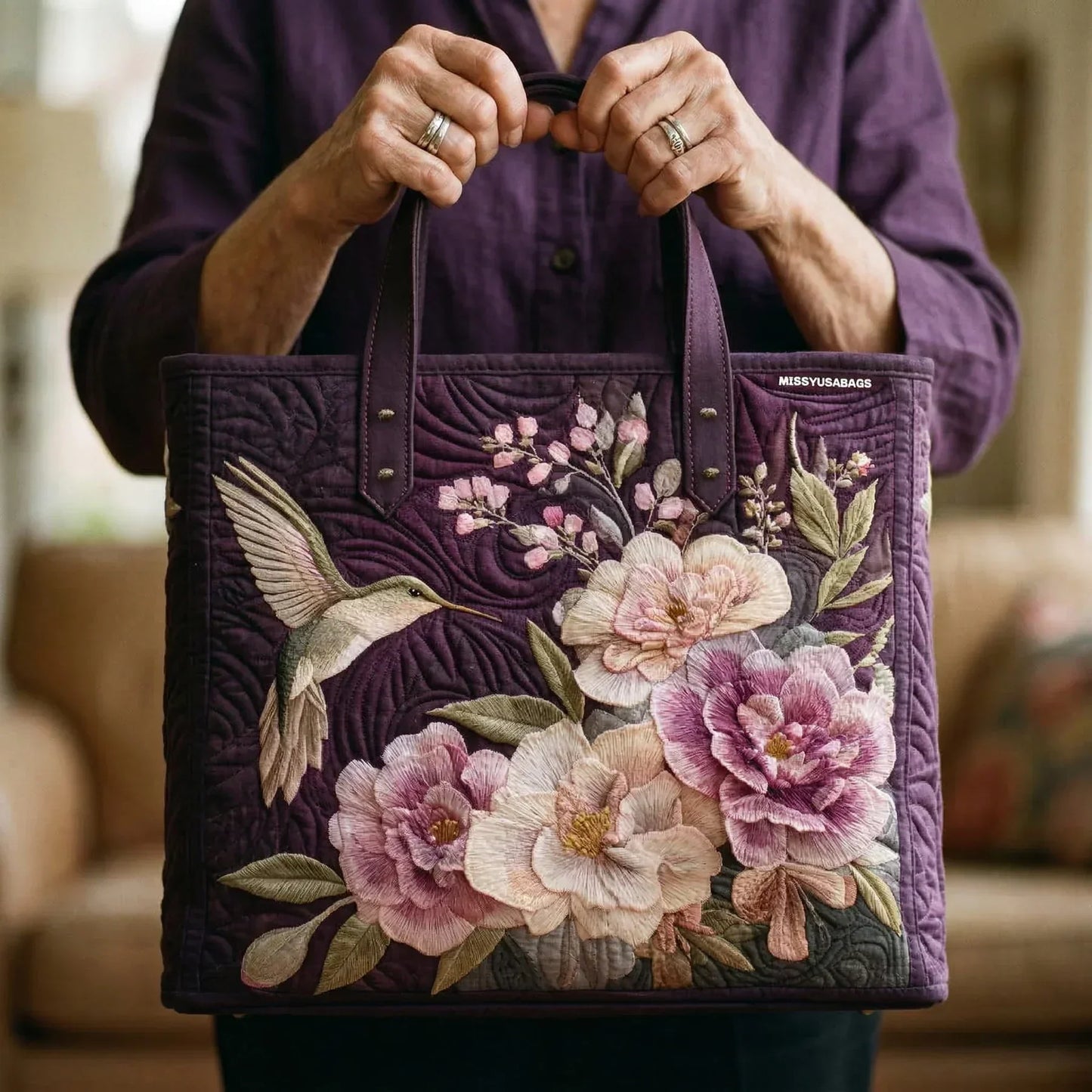 Bolso Artesanal Acolchado - Colibrí y Orquídeas