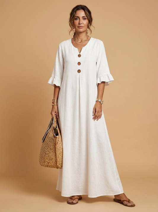 Valeria | Vestido midi de algodón con cuello de pico y volantes