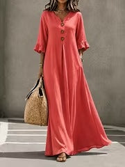 Valeria | Vestido midi de algodón con cuello de pico y volantes