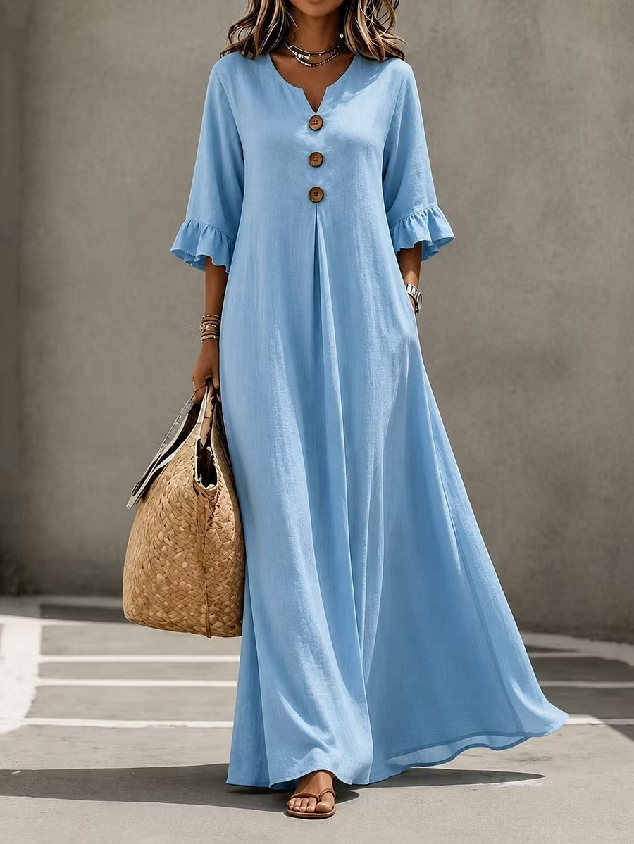 Valeria | Vestido midi de algodón con cuello de pico y volantes