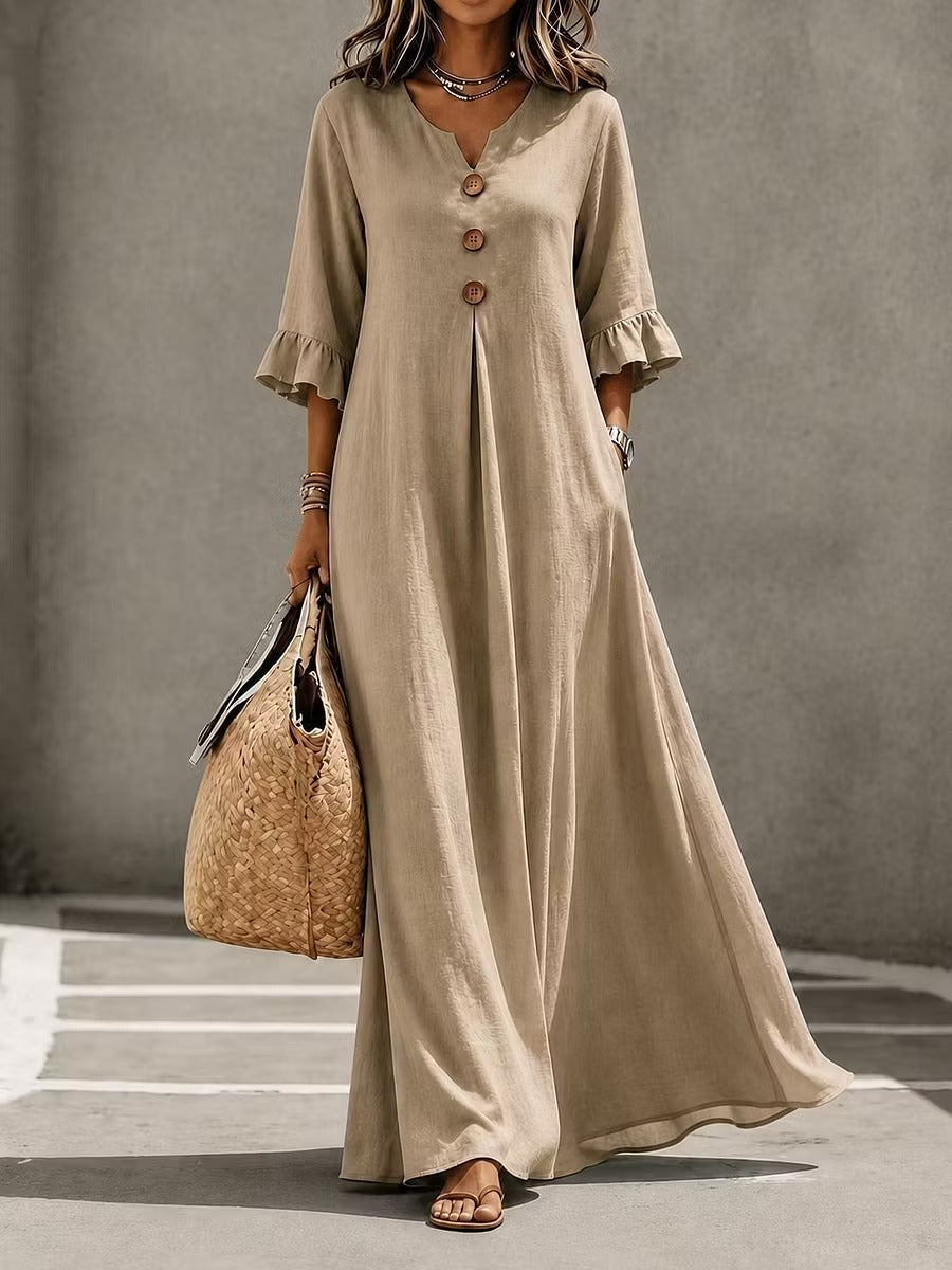 Valeria | Vestido midi de algodón con cuello de pico y volantes