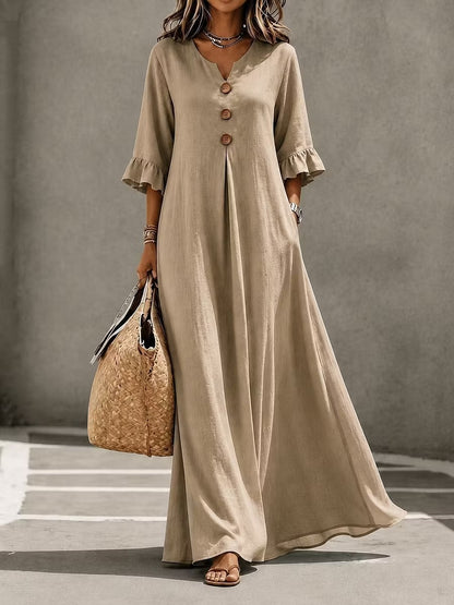 Valeria | Vestido midi de algodón con cuello de pico y volantes