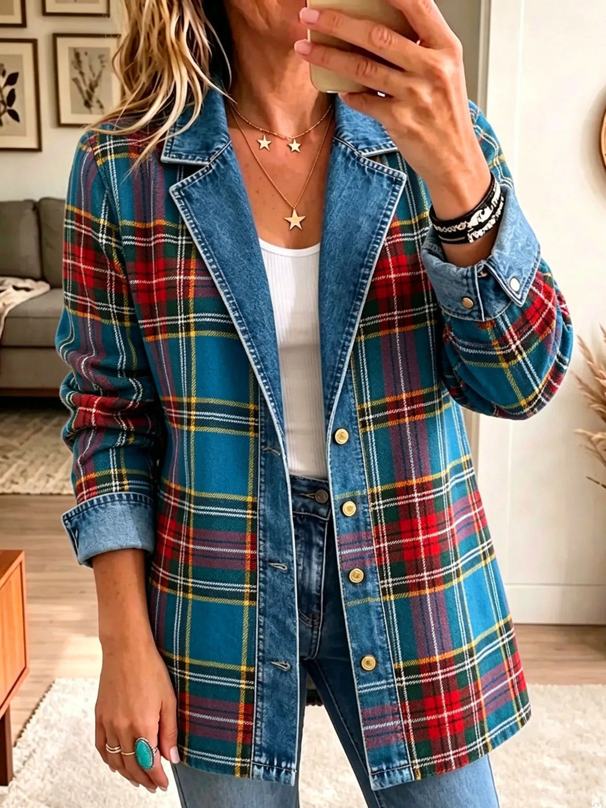 Nuria | Blazer de Tartán con Paneles Vaqueros