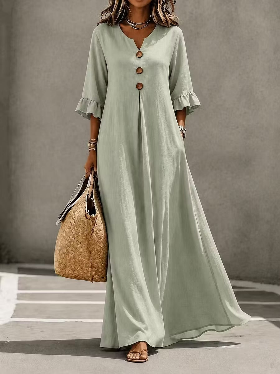 Valeria | Vestido midi de algodón con cuello de pico y volantes