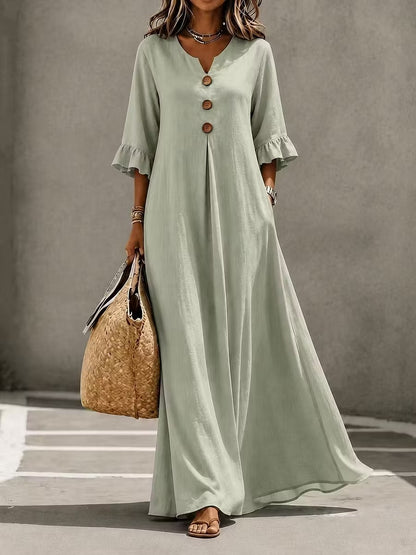 Valeria | Vestido midi de algodón con cuello de pico y volantes