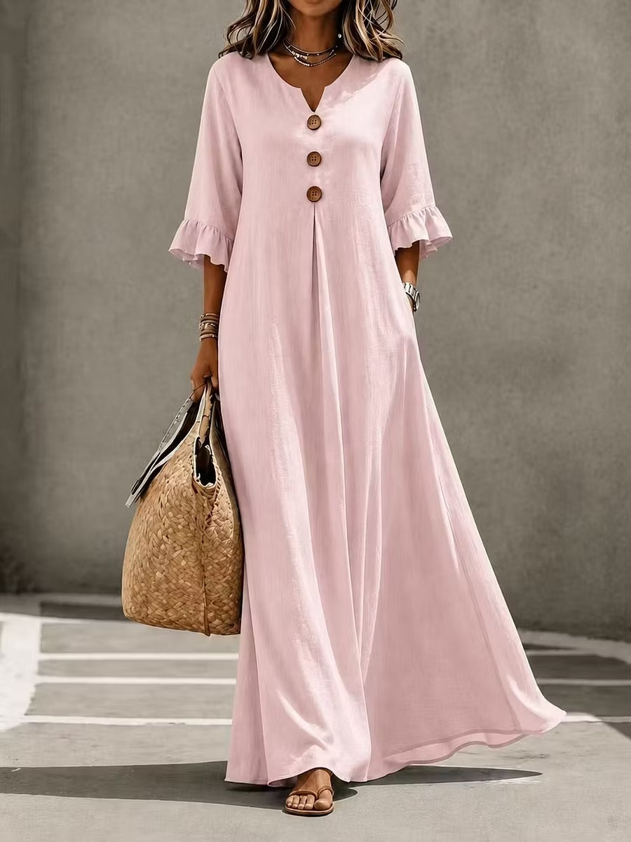 Valeria | Vestido midi de algodón con cuello de pico y volantes
